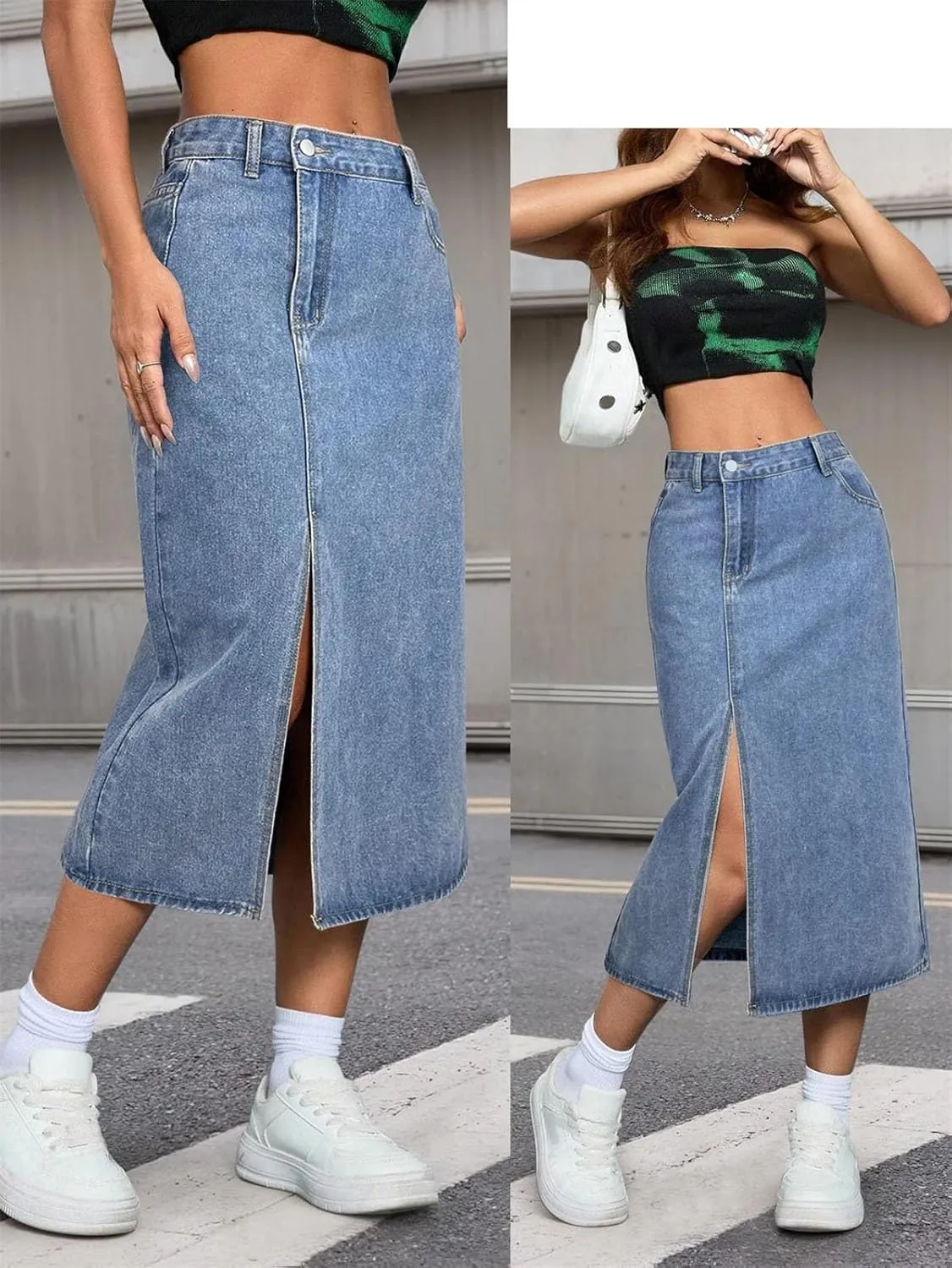 Fashion Vintage Denim Skirt for Women Front Slit High Waisted Denim Mid Skirt with Diagonal Pockets