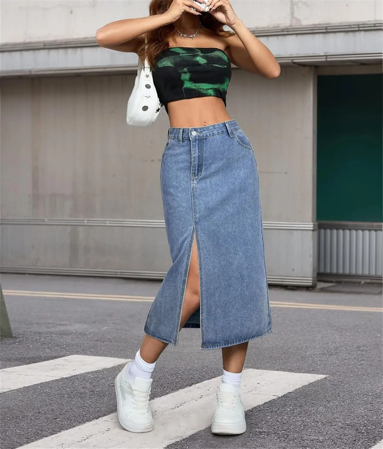 Fashion Vintage Denim Skirt for Women Front Slit High Waisted Denim Mid Skirt with Diagonal Pockets