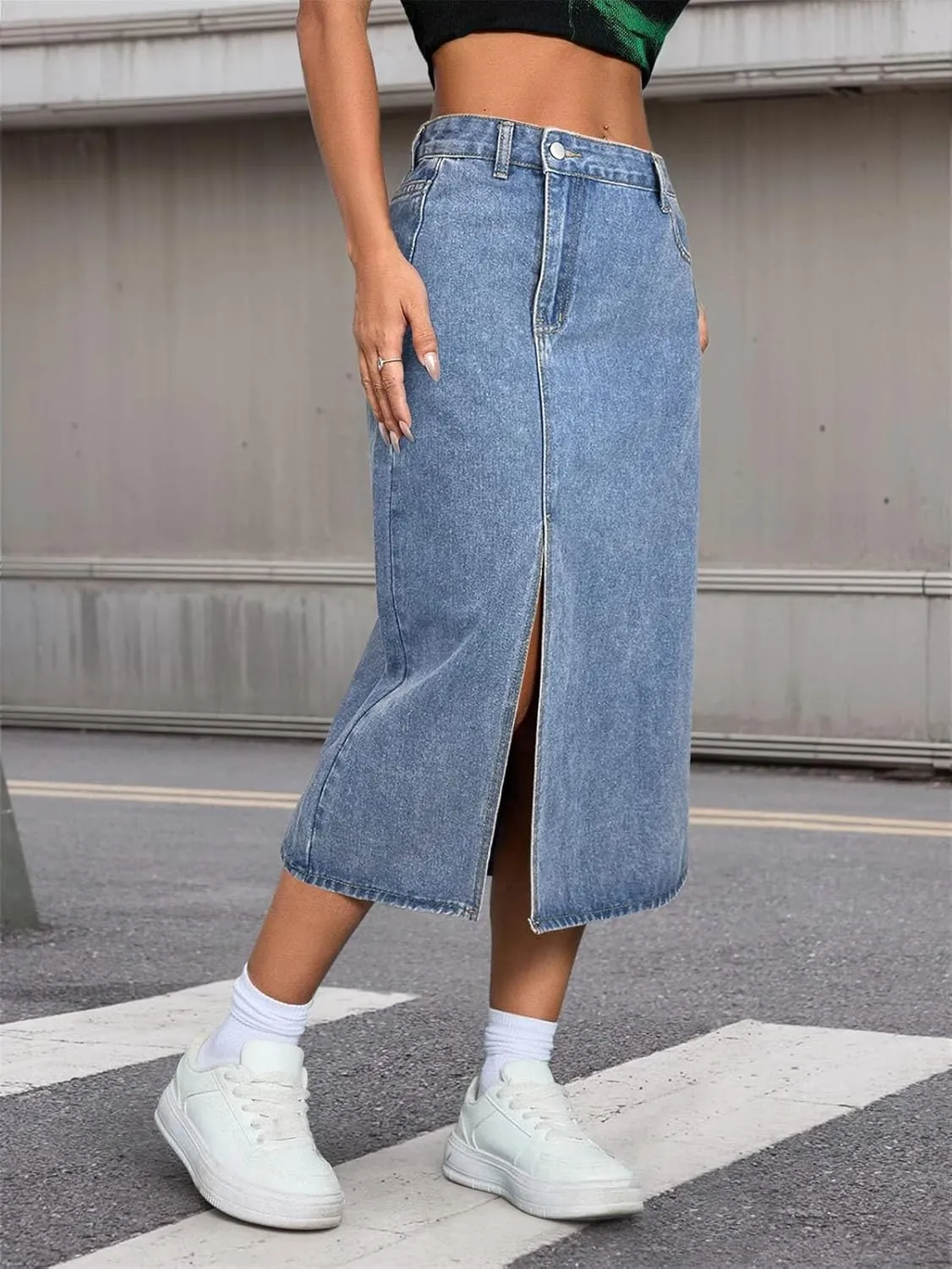 Fashion Vintage Denim Skirt for Women Front Slit High Waisted Denim Mid Skirt with Diagonal Pockets