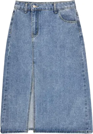 Fashion Vintage Denim Skirt for Women Front Slit High Waisted Denim Mid Skirt with Diagonal Pockets