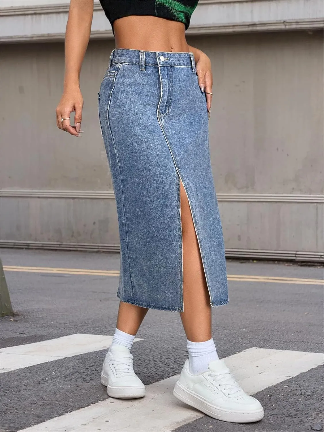Fashion Vintage Denim Skirt for Women Front Slit High Waisted Denim Mid Skirt with Diagonal Pockets
