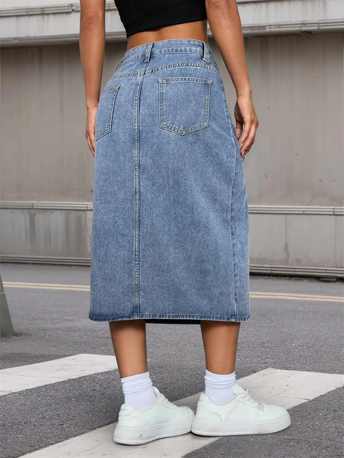 Fashion Vintage Denim Skirt for Women Front Slit High Waisted Denim Mid Skirt with Diagonal Pockets