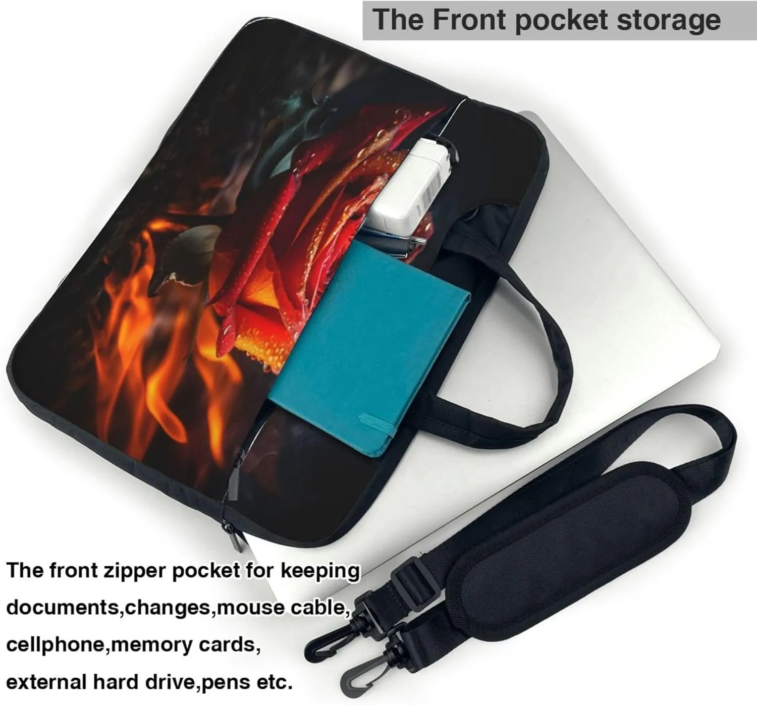 Fire Rose Flower Painted Laptop Shoulder Bag for Women, Laptop Sleeve Case Durable Computer Bag