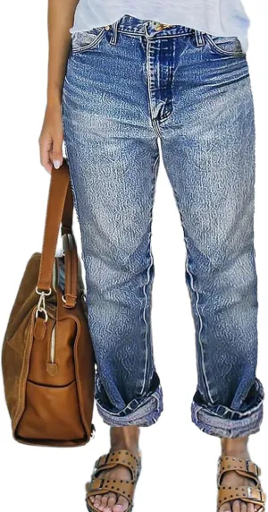 Flamingals High Rise Straight Leg Wash Roll Hem Stylish Trendy Chic Jeans