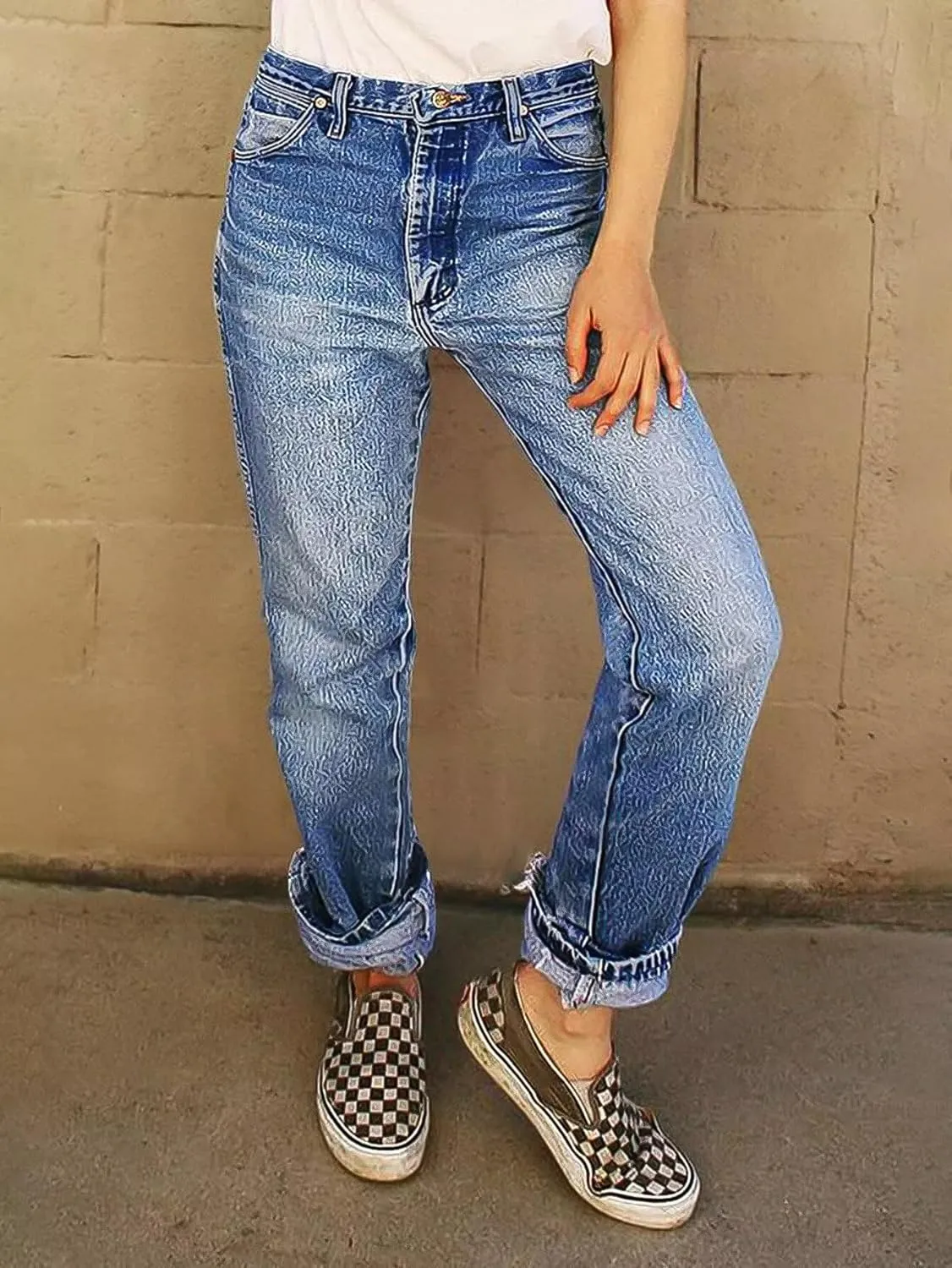 Flamingals High Rise Straight Leg Wash Roll Hem Stylish Trendy Chic Jeans