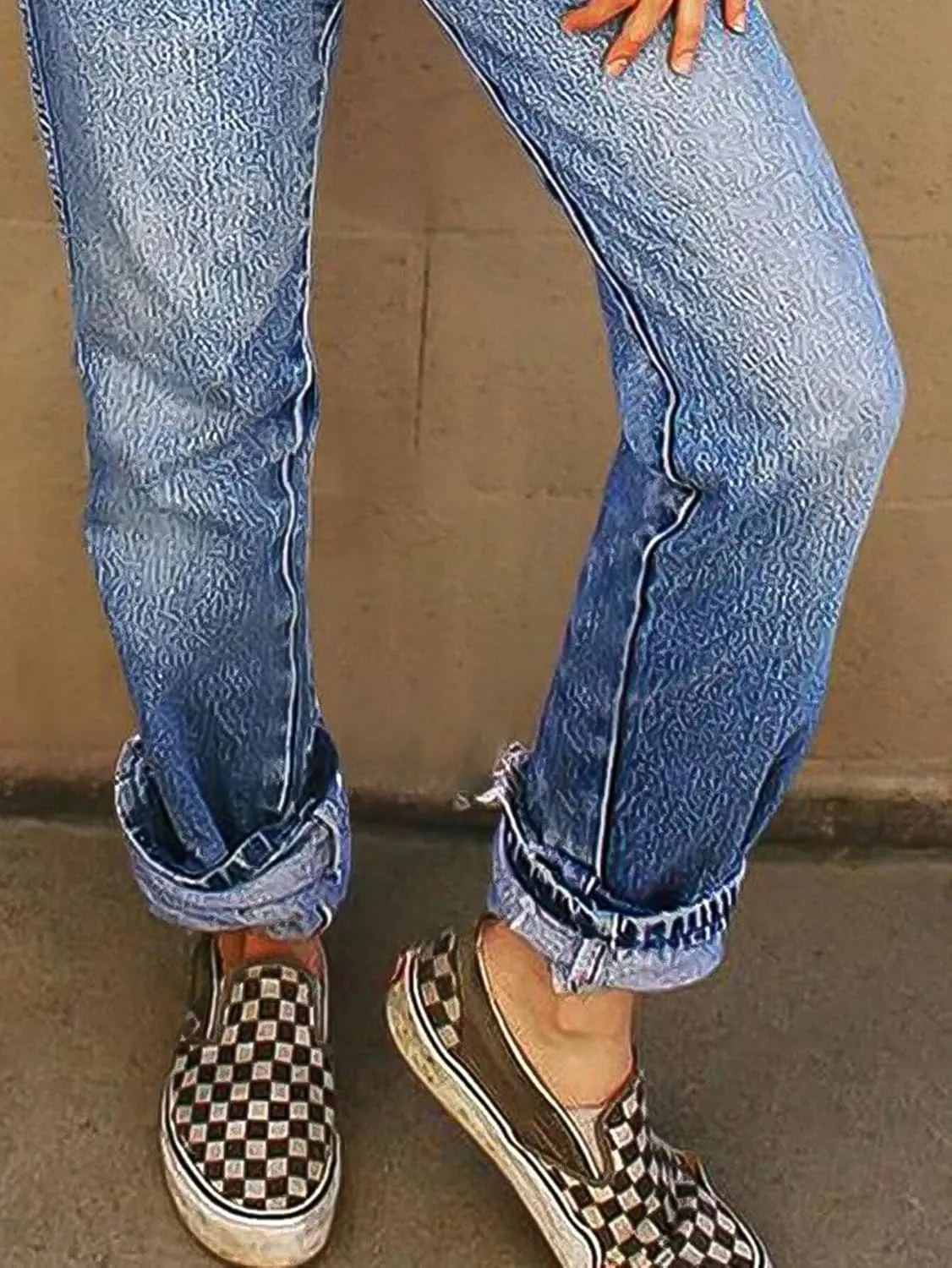 Flamingals High Rise Straight Leg Wash Roll Hem Stylish Trendy Chic Jeans