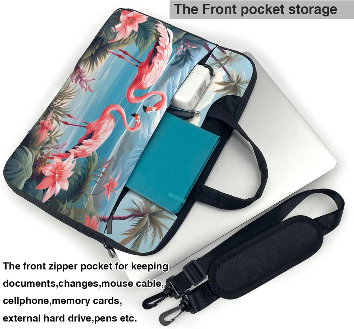 Flamingos Palm Tree Flower Laptop Shoulder Bag for Women, Laptop Sleeve Case Durable Computer Bag