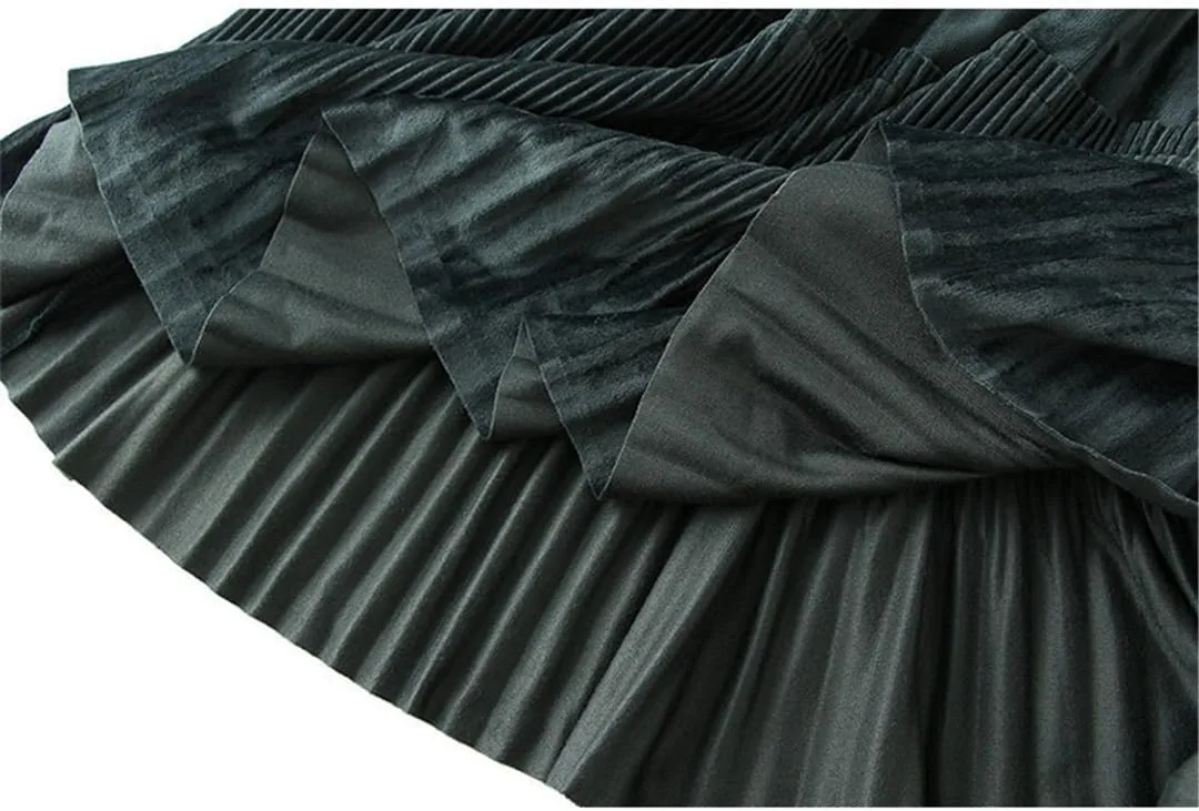 Fleece Pleated Long Skirt for Women Autumn Winter Vintage Casual Solid All-Match A Line High Waist Midi Skirt