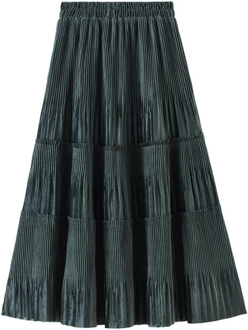 Fleece Pleated Long Skirt for Women Autumn Winter Vintage Casual Solid All-Match A Line High Waist Midi Skirt