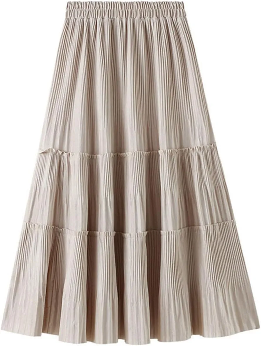 Fleece Pleated Long Skirt for Women Autumn Winter Vintage Casual Solid All-Match A Line High Waist Midi Skirt