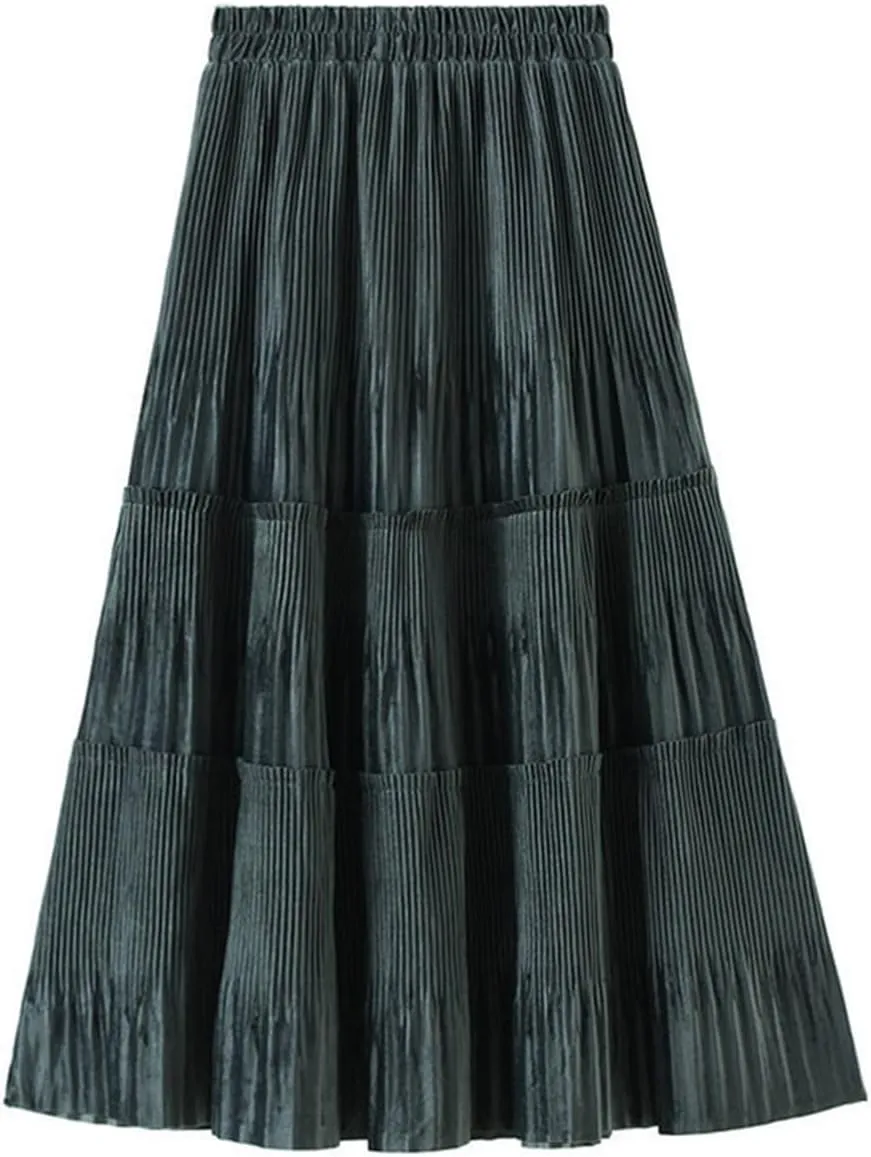 Fleece Pleated Long Skirt for Women Autumn Winter Vintage Casual Solid All-Match A Line High Waist Midi Skirt