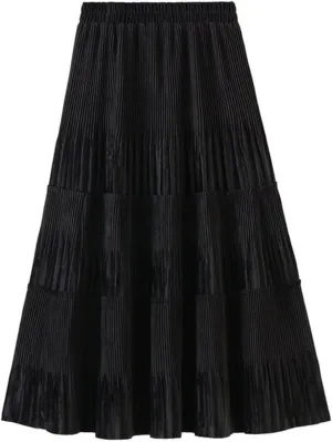 Fleece Pleated Long Skirt for Women Autumn Winter Vintage Casual Solid All-Match A Line High Waist Midi Skirt
