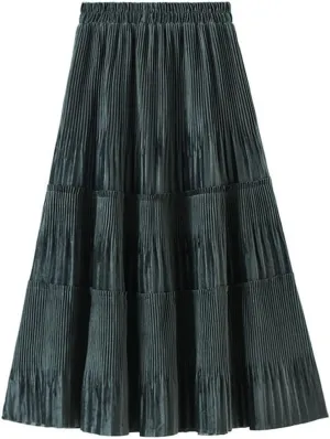 Fleece Pleated Long Skirt for Women Autumn Winter Vintage Casual Solid All-Match A Line High Waist Midi Skirt