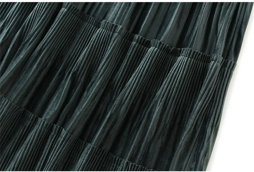 Fleece Pleated Long Skirt for Women Autumn Winter Vintage Casual Solid All-Match A Line High Waist Midi Skirt