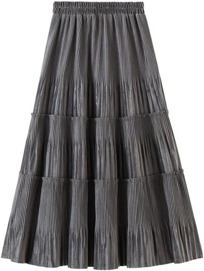 Fleece Pleated Long Skirt for Women Autumn Winter Vintage Casual Solid All-Match A Line High Waist Midi Skirt