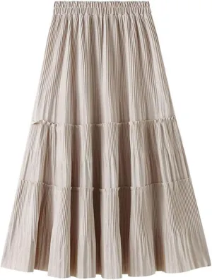Fleece Pleated Long Skirt for Women Autumn Winter Vintage Casual Solid All-Match A Line High Waist Midi Skirt