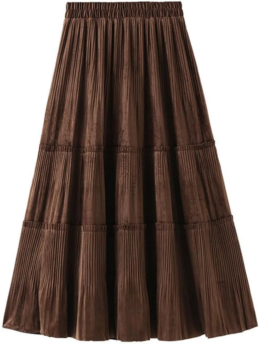 Fleece Pleated Long Skirt for Women Autumn Winter Vintage Casual Solid All-Match A Line High Waist Midi Skirt