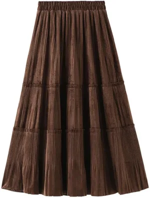 Fleece Pleated Long Skirt for Women Autumn Winter Vintage Casual Solid All-Match A Line High Waist Midi Skirt