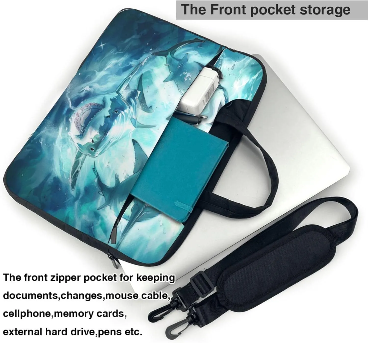 Floating Shark Laptop Shoulder Bag for Women, Ocean Fish Laptop Sleeve Case Durable Computer Bag