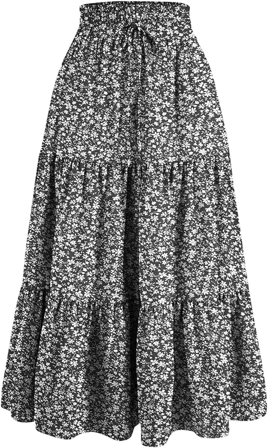 Floral Maxi Skirt for Women Comfy Tiered Elastic High Waisted Skirts Vacation A-Line Flowy Swing Long Boho Beach Dress