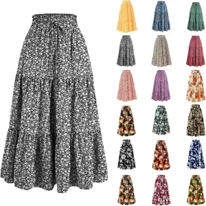 Floral Maxi Skirt for Women Comfy Tiered Elastic High Waisted Skirts Vacation A-Line Flowy Swing Long Boho Beach Dress