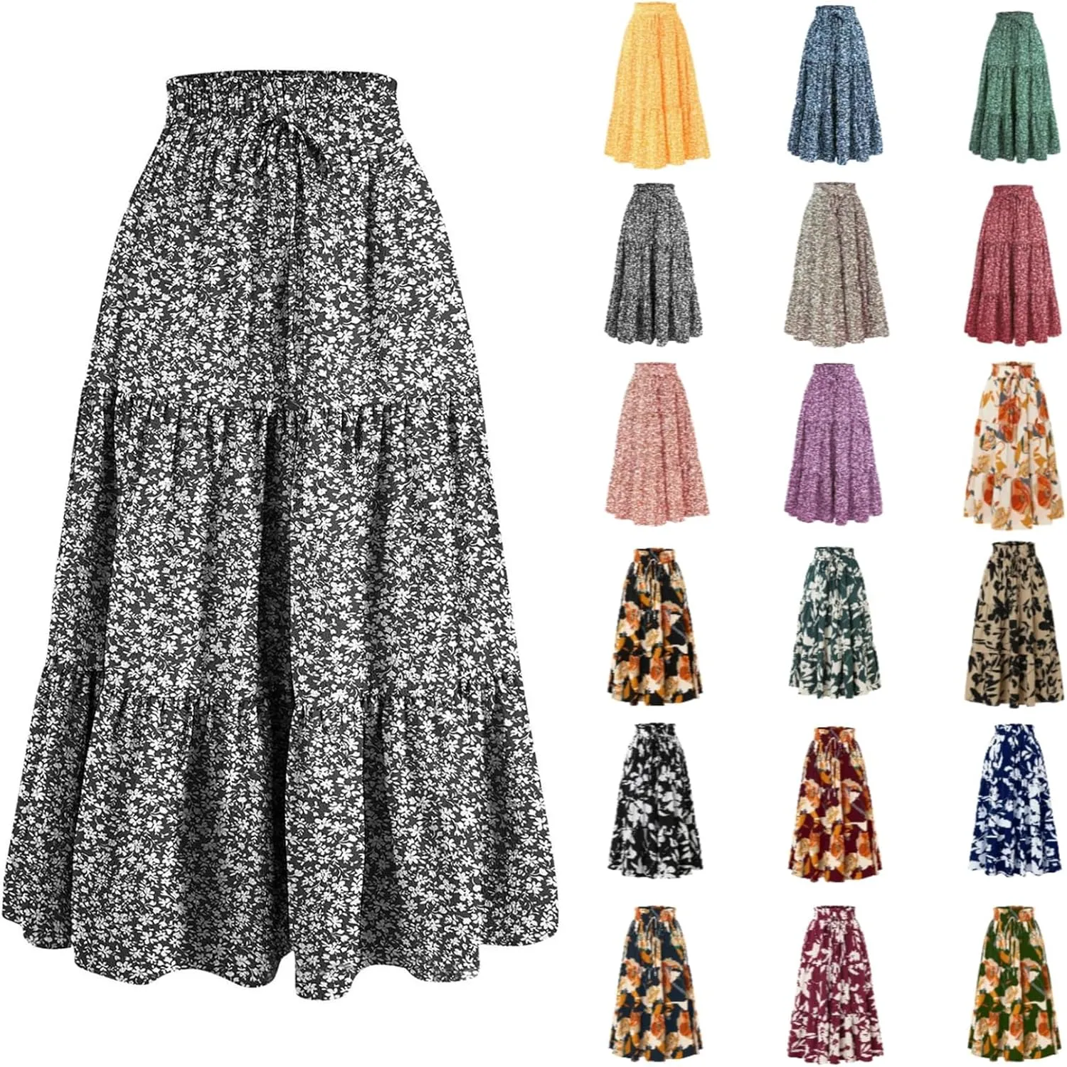 Floral Maxi Skirt for Women Comfy Tiered Elastic High Waisted Skirts Vacation A-Line Flowy Swing Long Boho Beach Dress