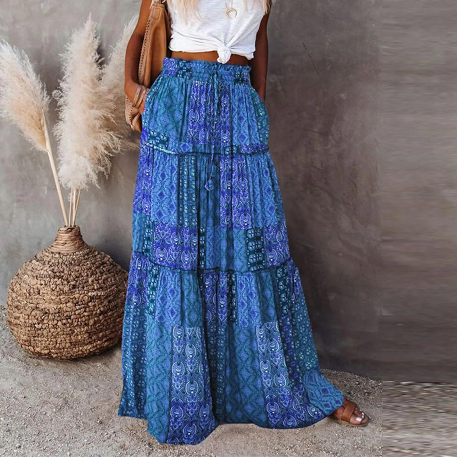 Floral Maxi Skirts for Women Summer Comfy High Waist Tie Paisley Print Maxi Skirt A-Line Long Skirts with Pockets