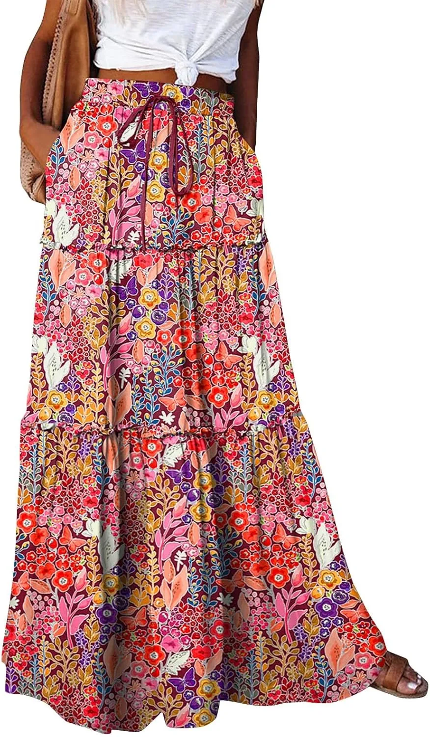 Floral Maxi Skirts for Women Summer Comfy High Waist Tie Paisley Print Maxi Skirt A-Line Long Skirts with Pockets