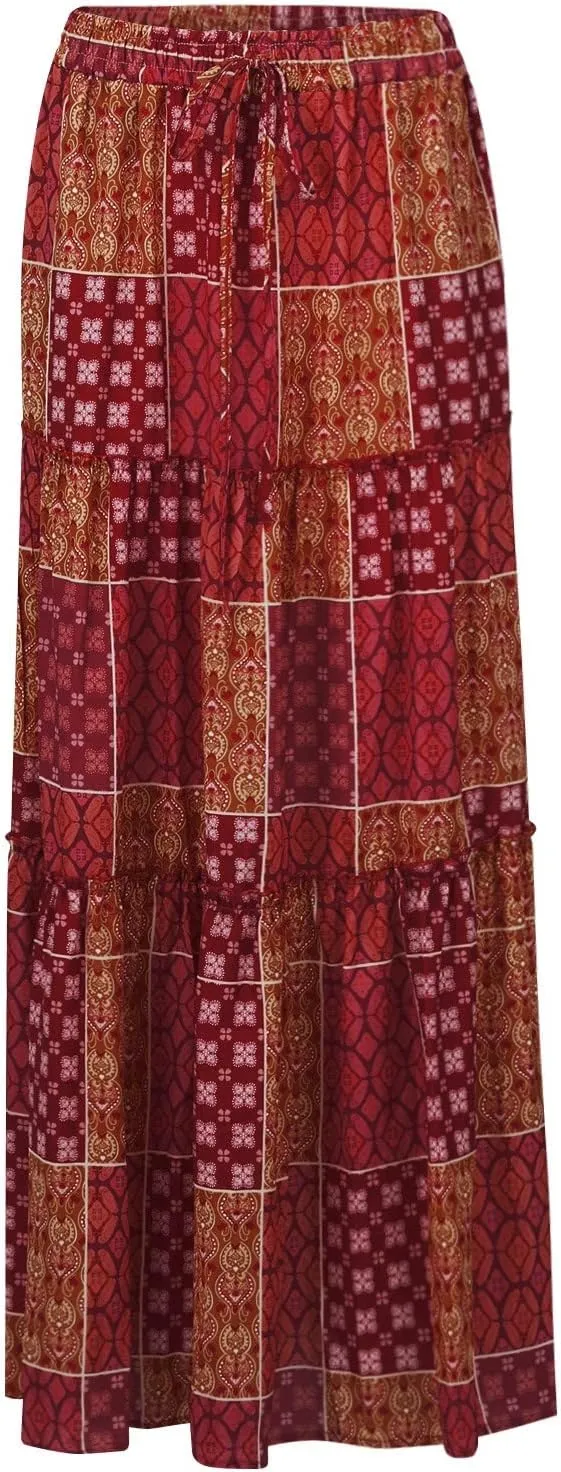 Floral Maxi Skirts for Women Summer Comfy High Waist Tie Paisley Print Maxi Skirt A-Line Long Skirts with Pockets