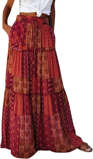 Floral Maxi Skirts for Women Summer Comfy High Waist Tie Paisley Print Maxi Skirt A-Line Long Skirts with Pockets