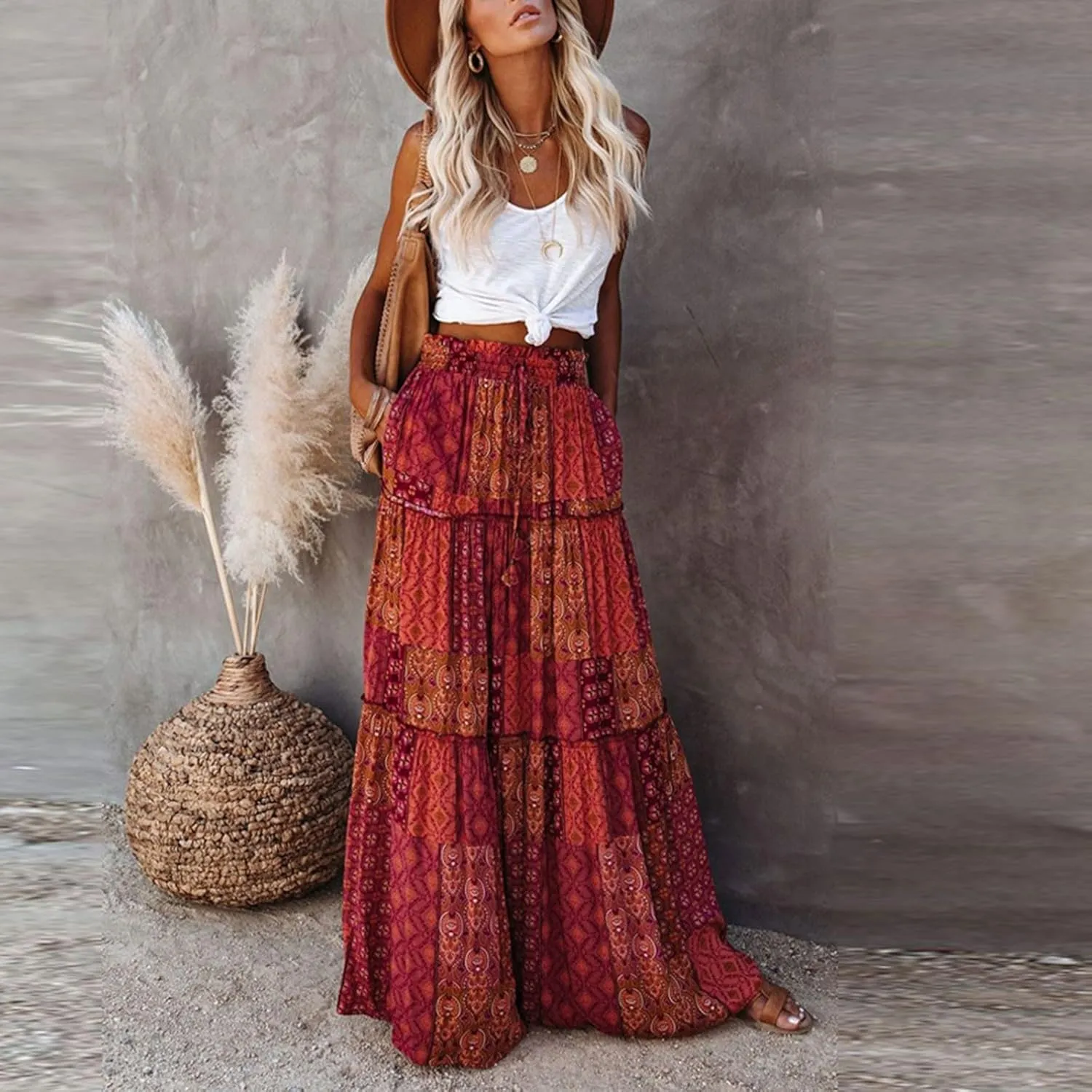 Floral Maxi Skirts for Women Summer Comfy High Waist Tie Paisley Print Maxi Skirt A-Line Long Skirts with Pockets