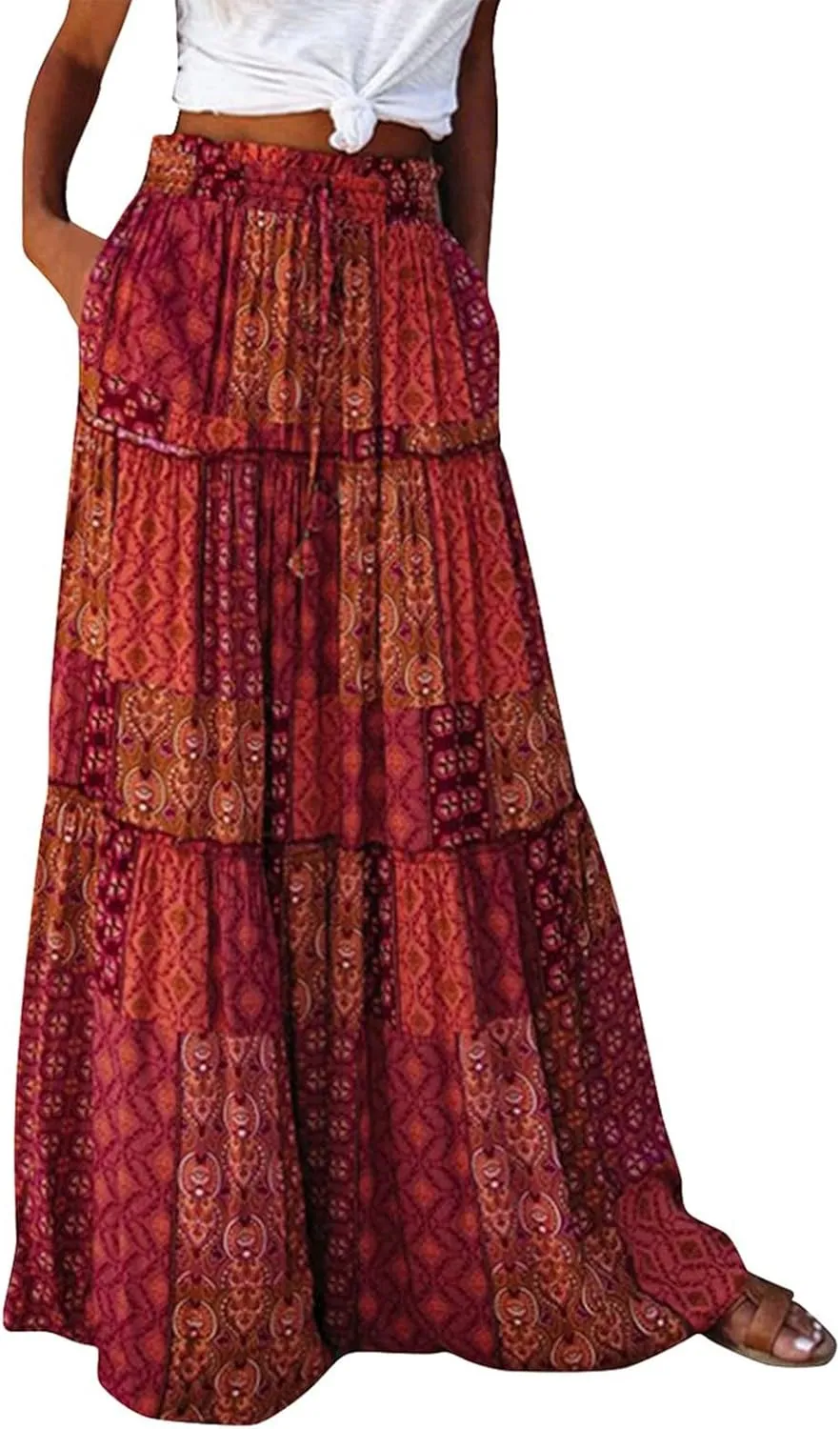 Floral Maxi Skirts for Women Summer Comfy High Waist Tie Paisley Print Maxi Skirt A-Line Long Skirts with Pockets