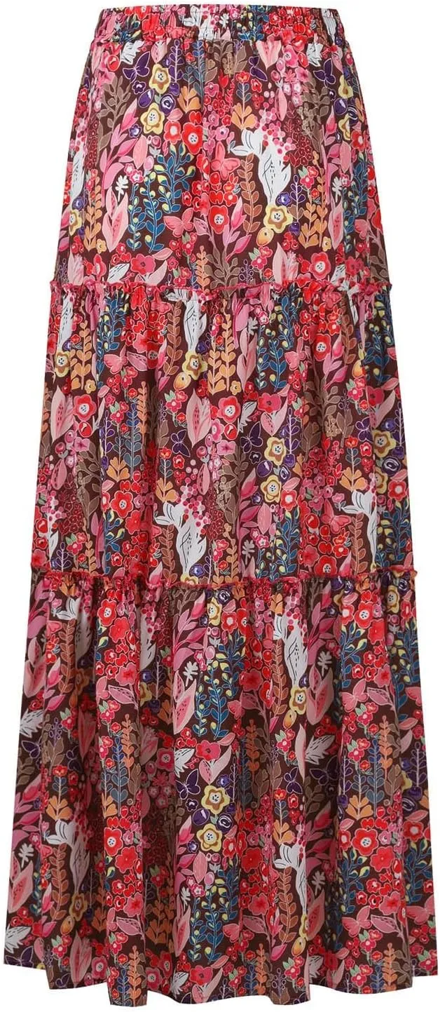 Floral Maxi Skirts for Women Summer Comfy High Waist Tie Paisley Print Maxi Skirt A-Line Long Skirts with Pockets
