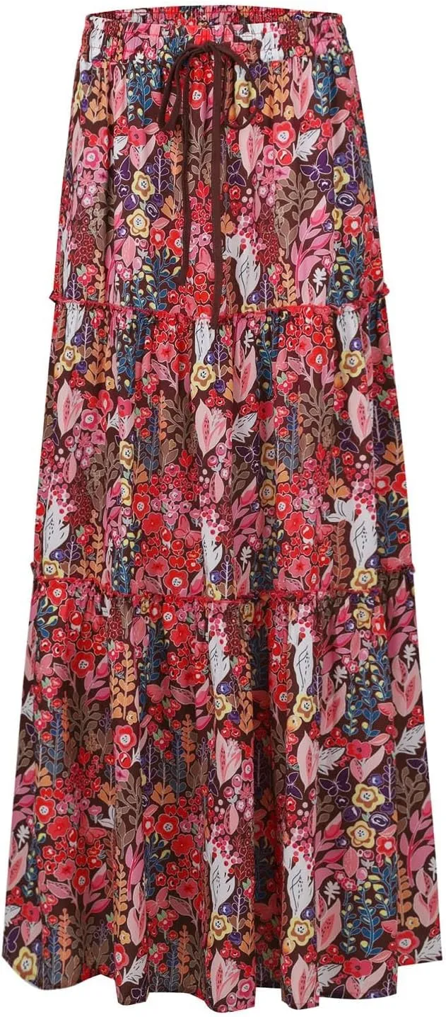 Floral Maxi Skirts for Women Summer Comfy High Waist Tie Paisley Print Maxi Skirt A-Line Long Skirts with Pockets