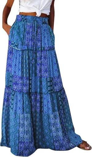 Floral Maxi Skirts for Women Summer Comfy High Waist Tie Paisley Print Maxi Skirt A-Line Long Skirts with Pockets