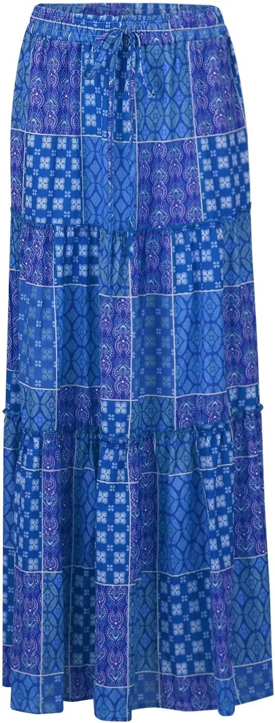Floral Maxi Skirts for Women Summer Comfy High Waist Tie Paisley Print Maxi Skirt A-Line Long Skirts with Pockets