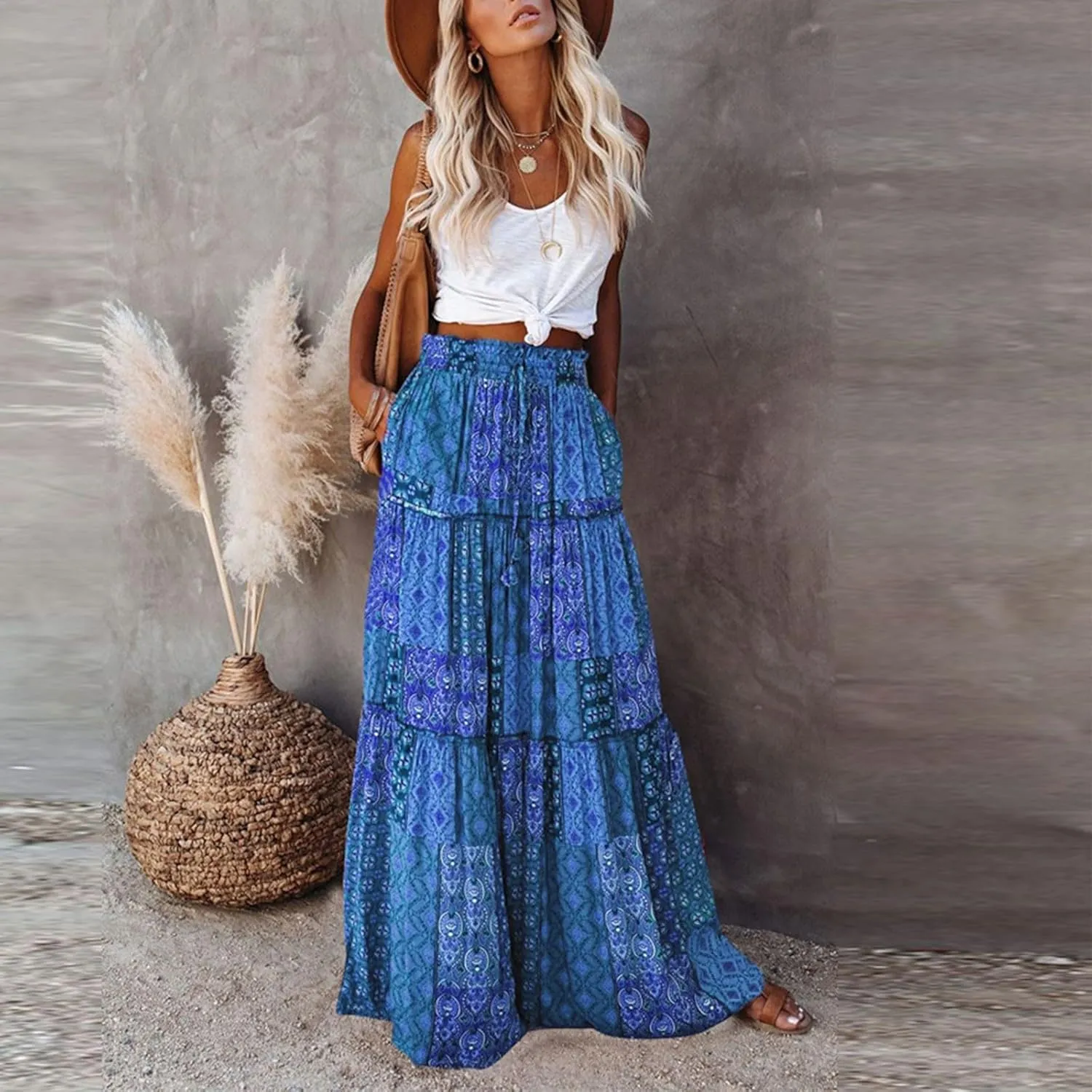 Floral Maxi Skirts for Women Summer Comfy High Waist Tie Paisley Print Maxi Skirt A-Line Long Skirts with Pockets