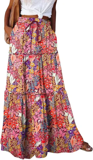 Floral Maxi Skirts for Women Summer Comfy High Waist Tie Paisley Print Maxi Skirt A-Line Long Skirts with Pockets