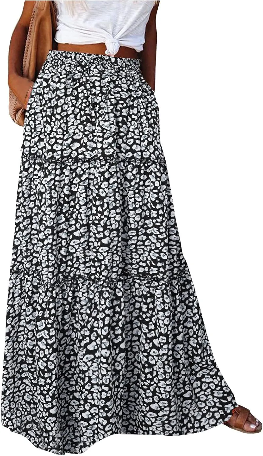 Floral Maxi Skirts for Women Summer Comfy High Waist Tie Paisley Print Maxi Skirt A-Line Long Skirts with Pockets