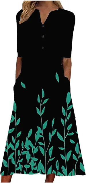Floral Print Boho Dress for Women 2025 Casual Summer Midi Dress Loose Flowy Long Dresses with Pockets Tshirts Dresses
