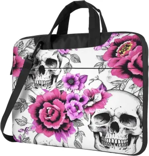 Floral Skull Laptop Shoulder Bag for Women, Flower Skull Laptop Sleeve Case Durable Computer Bag