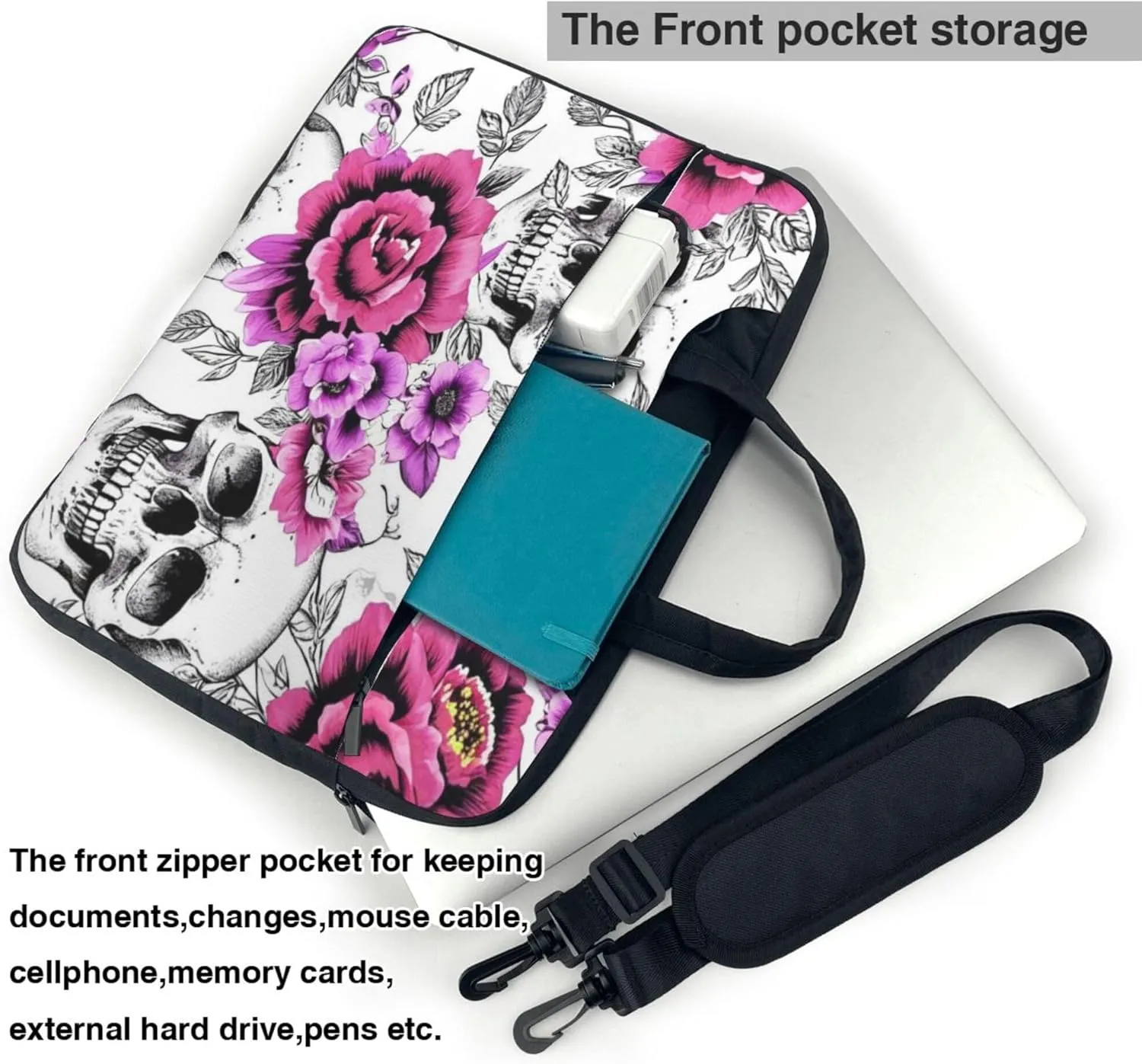 Floral Skull Laptop Shoulder Bag for Women, Flower Skull Laptop Sleeve Case Durable Computer Bag