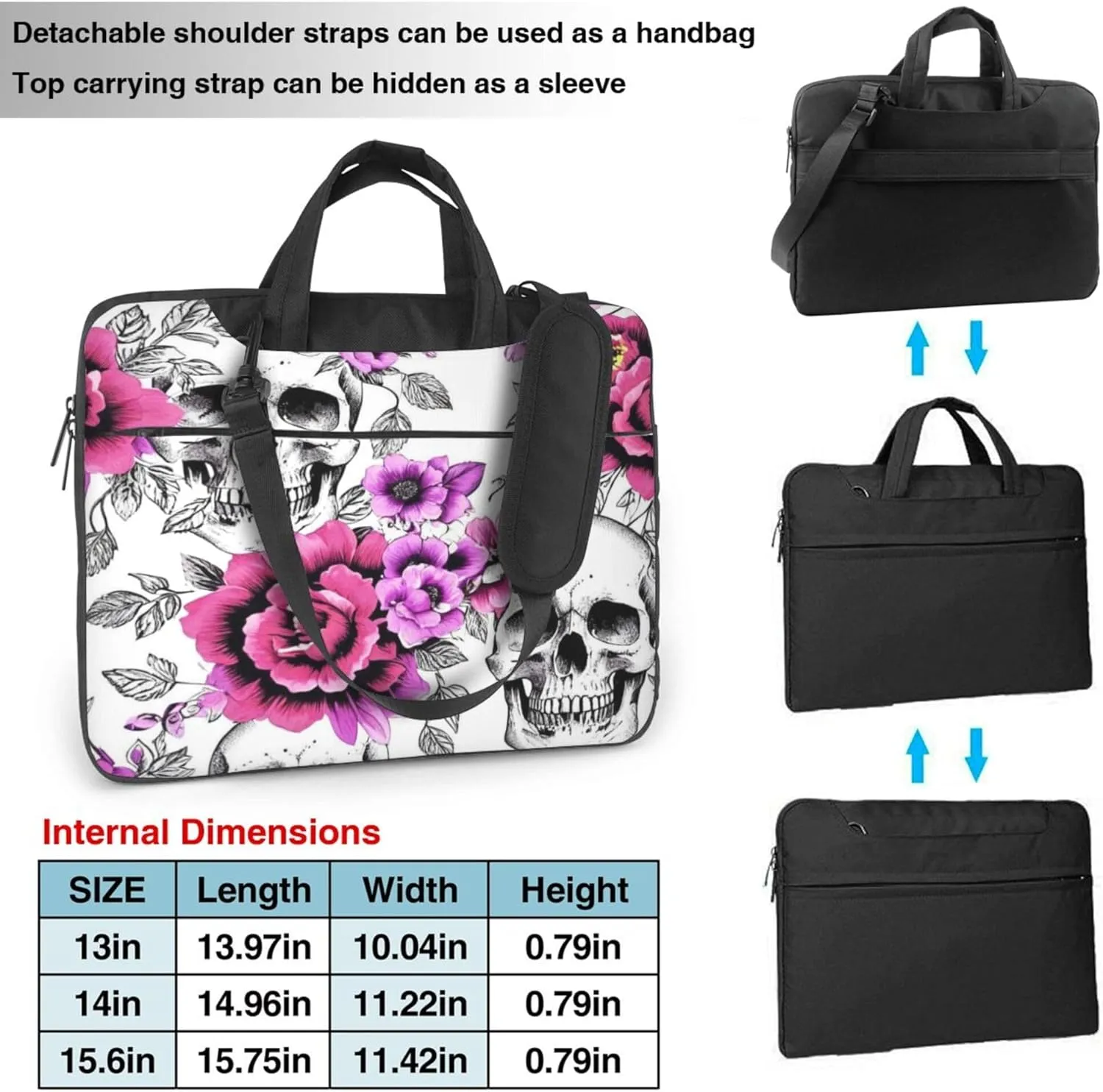 Floral Skull Laptop Shoulder Bag for Women, Flower Skull Laptop Sleeve Case Durable Computer Bag