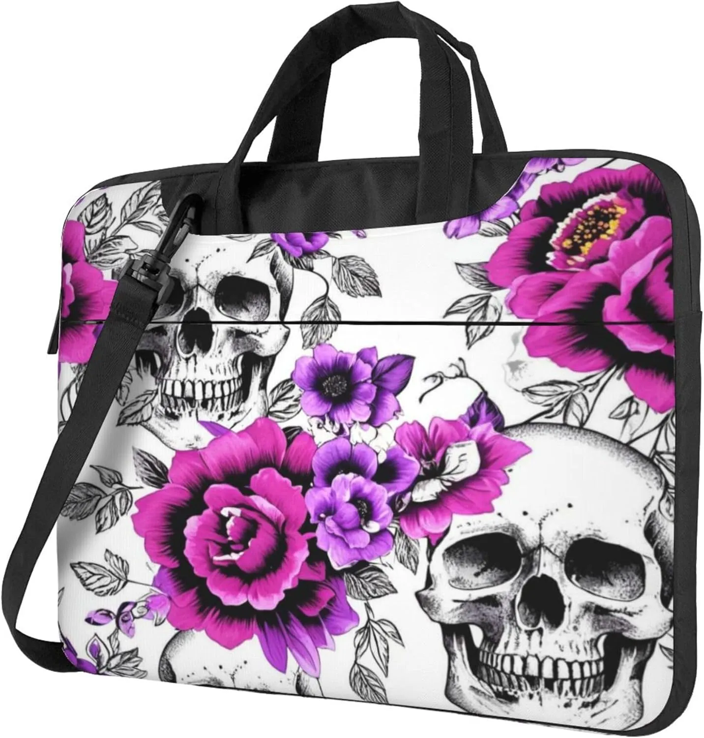 Floral Skull Laptop Shoulder Bag for Women, Flowers Skulls Laptop Sleeve Case Durable Computer Bag