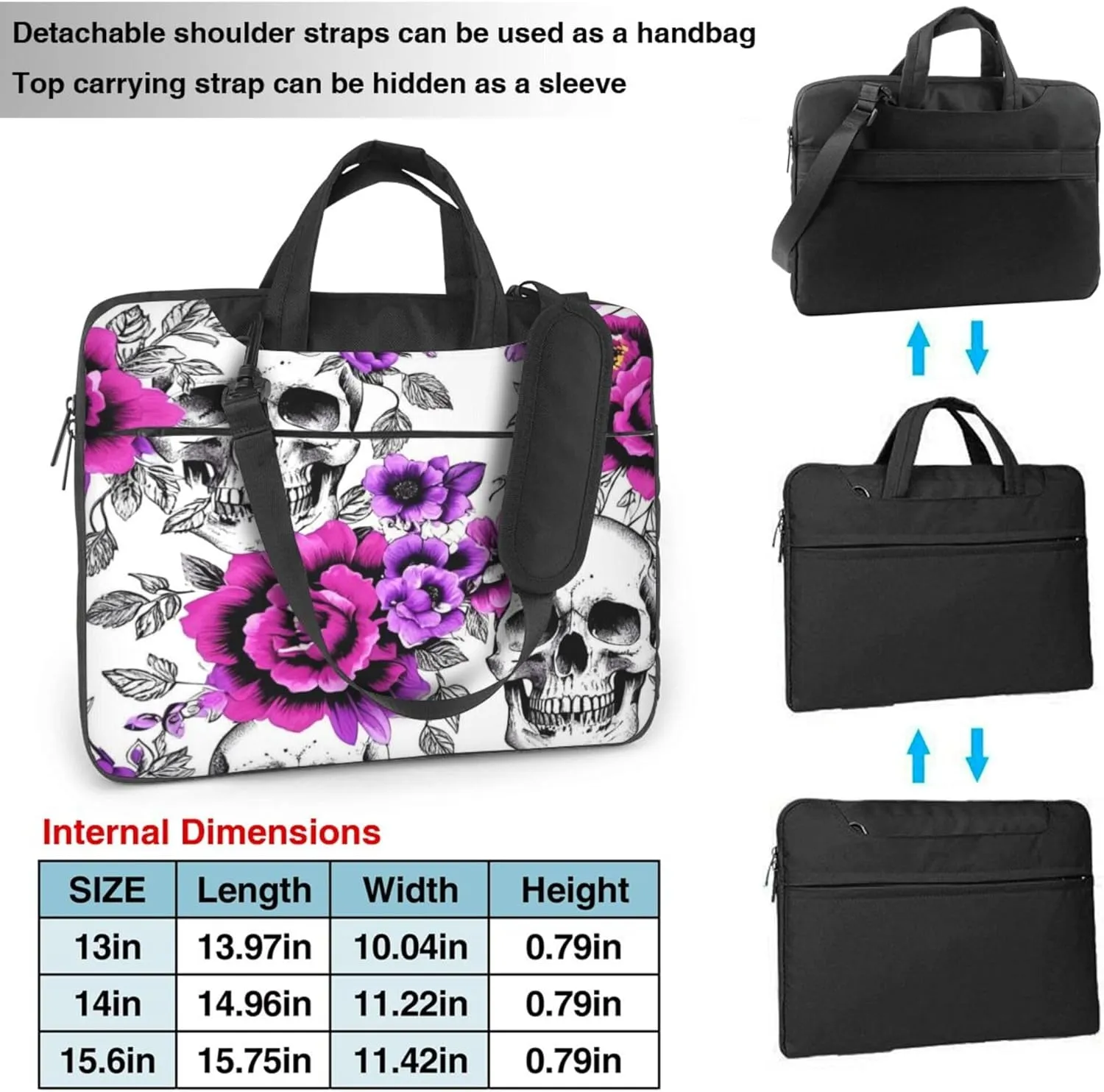 Floral Skull Laptop Shoulder Bag for Women, Flowers Skulls Laptop Sleeve Case Durable Computer Bag