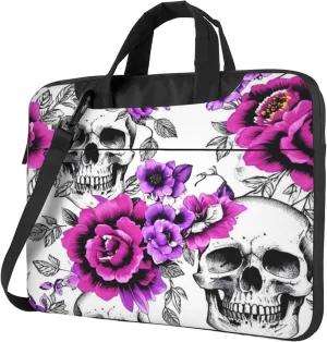 Floral Skull Laptop Shoulder Bag for Women, Flowers Skulls Laptop Sleeve Case Durable Computer Bag