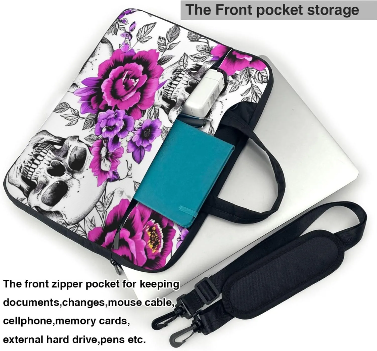 Floral Skull Laptop Shoulder Bag for Women, Flowers Skulls Laptop Sleeve Case Durable Computer Bag