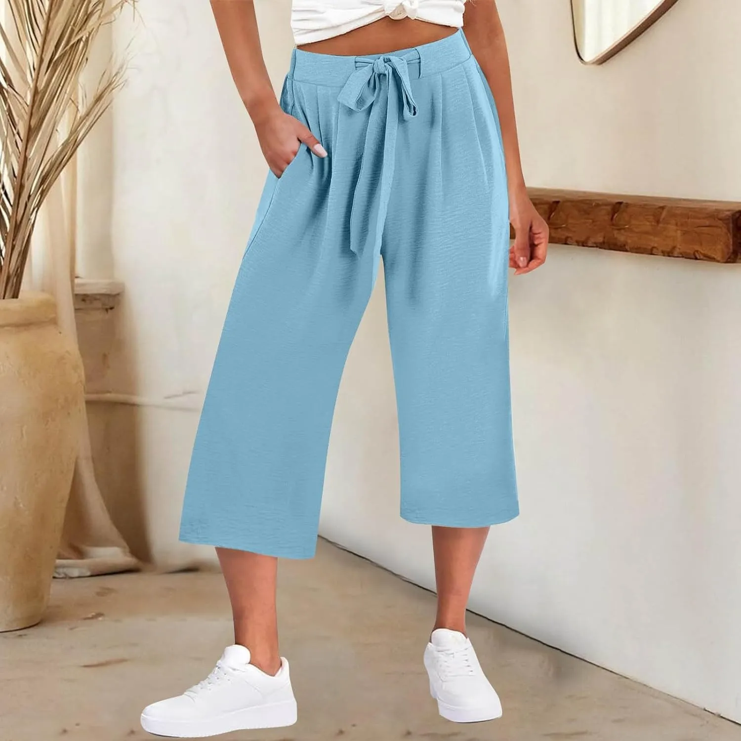 Flowy Linen Cropped Pants Women Beach Wide Leg Tie Knot Palazzo Pants Summer Dressy Business High Waisted 3/4 Trouser