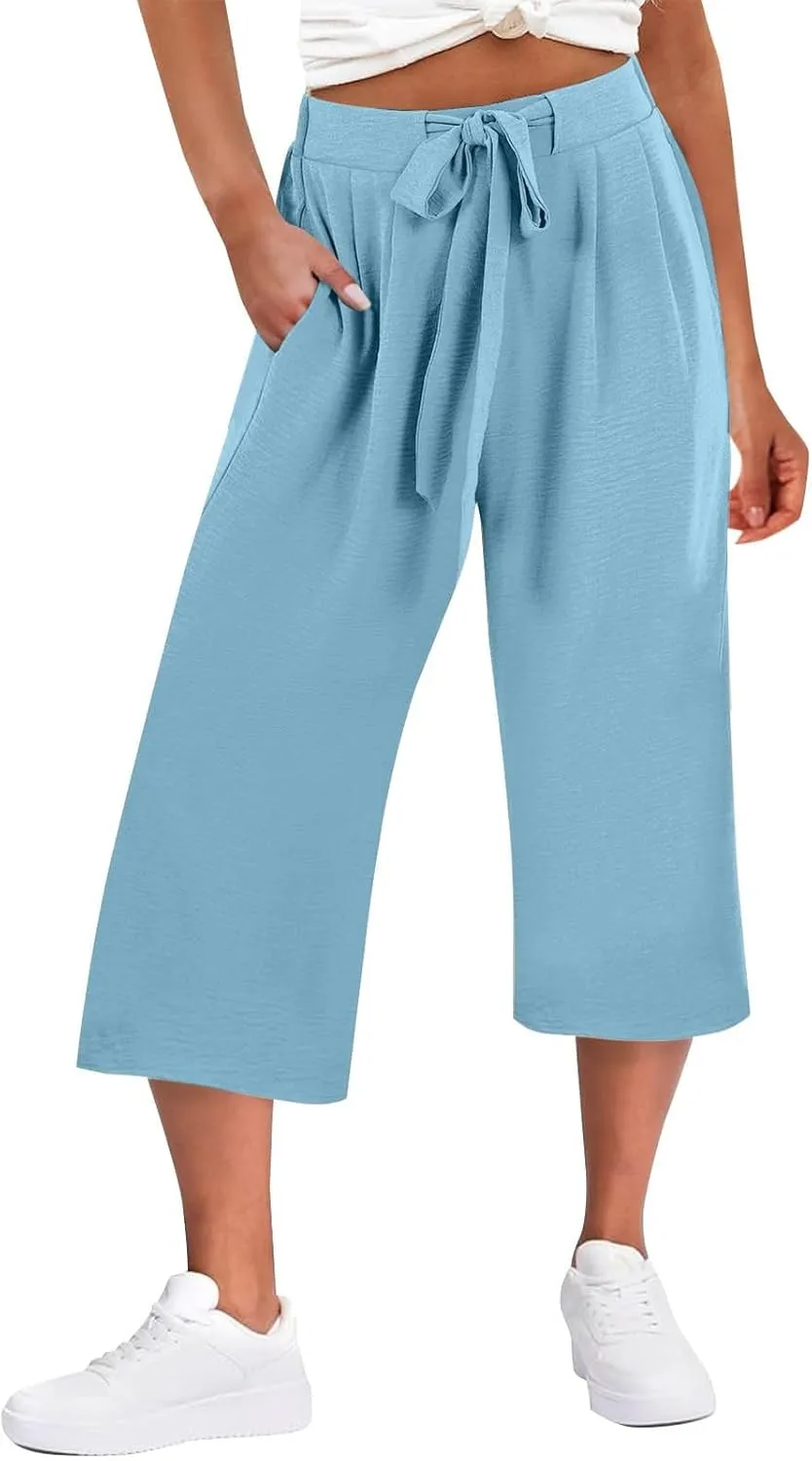 Flowy Linen Cropped Pants Women Beach Wide Leg Tie Knot Palazzo Pants Summer Dressy Business High Waisted 3/4 Trouser