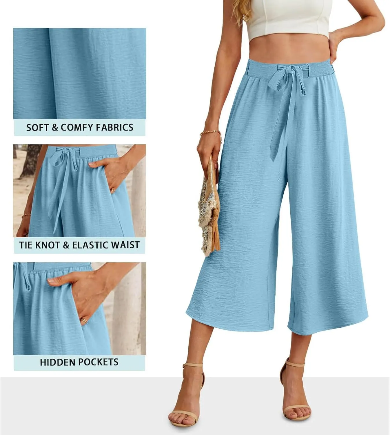 Flowy Linen Cropped Pants Women Beach Wide Leg Tie Knot Palazzo Pants Summer Dressy Business High Waisted 3/4 Trouser